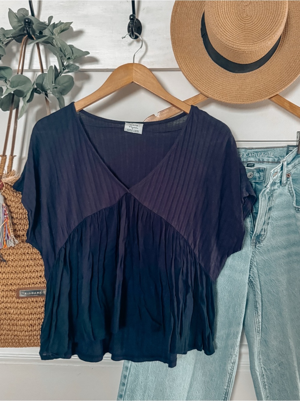 Zara Navy Pleated V-Neck Blouse